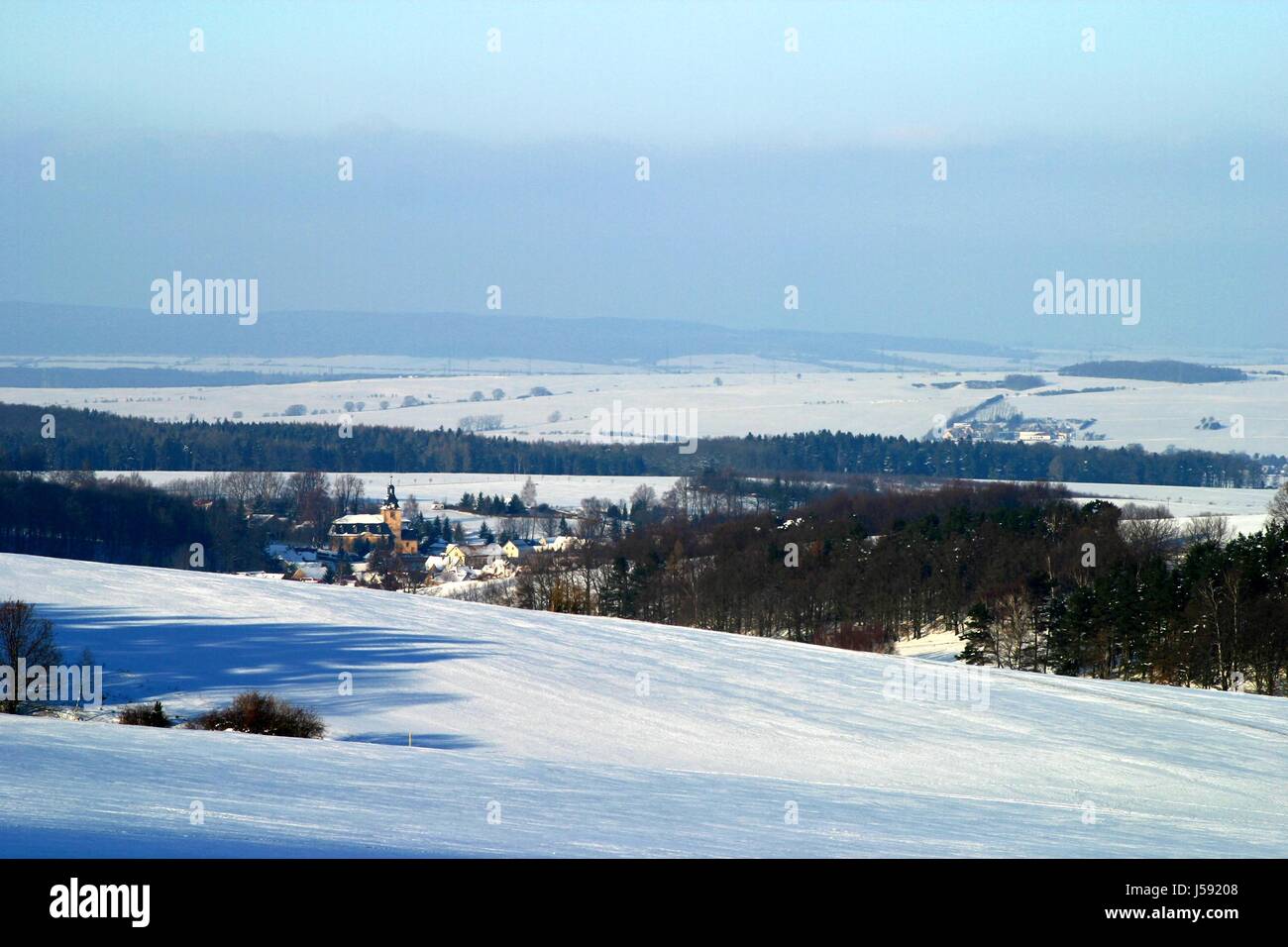 blue houses church city town tree trees winter cold field fog ice frost ...