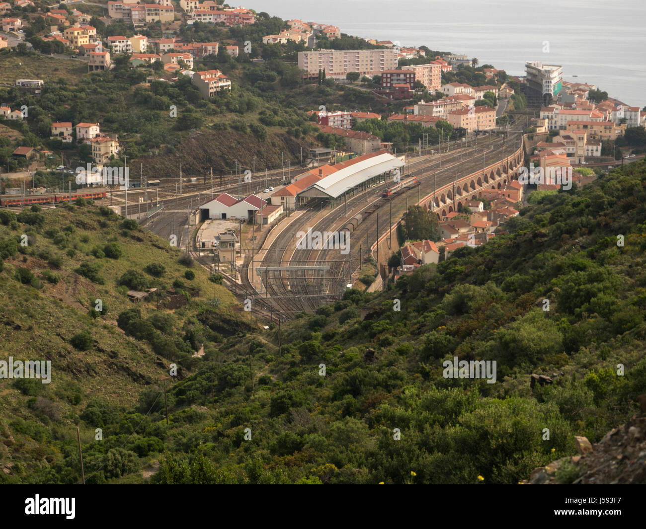 Looking down on Cerebere railway station Stock Photo
