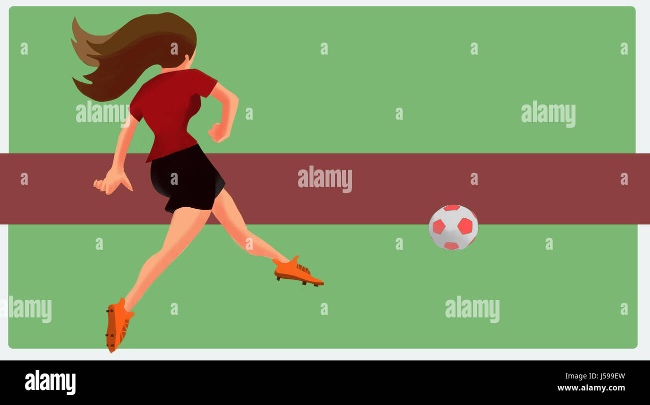 Illustration of female football player in red kit kicking a ball Stock Photo