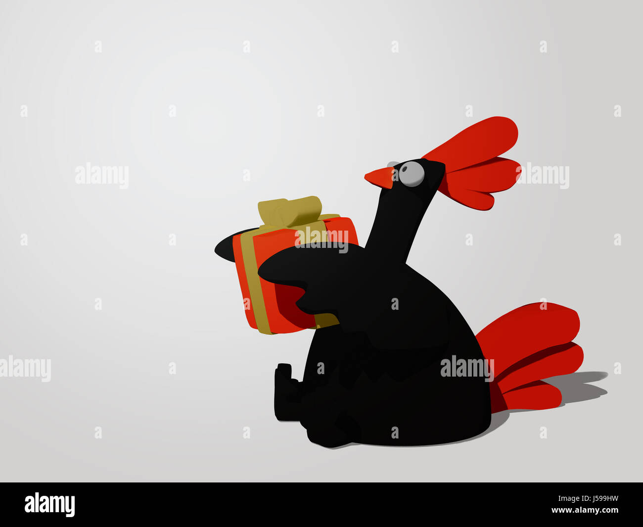 Cartoon black and orange chicken giving a orange gift with a yellow bow to someone Stock Photo