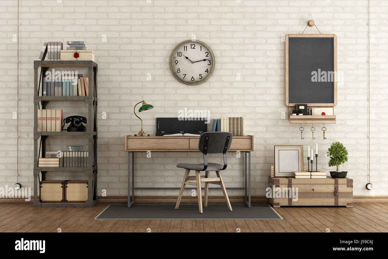 Home workspace in industrial style with desk,bookcase and retro objects - 3d rendering Stock Photo