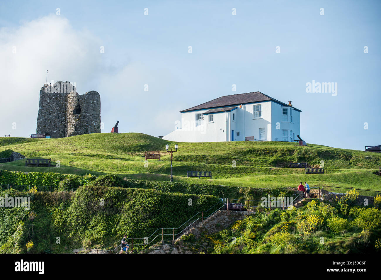 View of the Old Tenby Coastguard house and Castle at Tenby