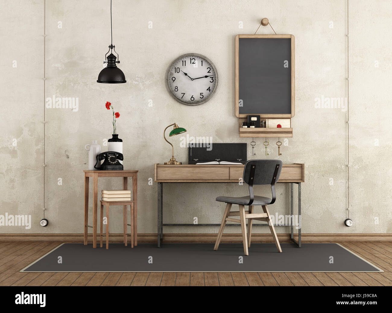 home workspace in industrial style with desk and retro objects - 3d rendering Stock Photo
