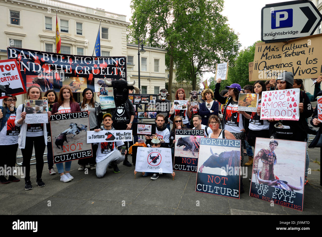 People protesting against Bullfighting during a demonstration march which ended outside the Spanish embassy in London. Stock Photo
