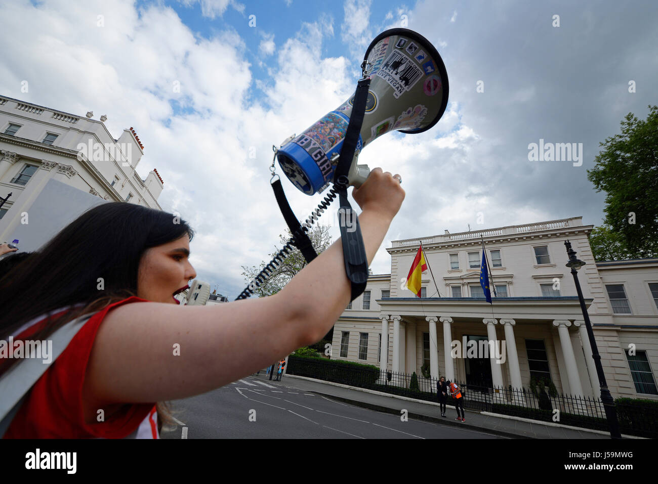 Woman protesting against Bullfighting during a demonstration march which ended outside the Spanish embassy in London. Stock Photo