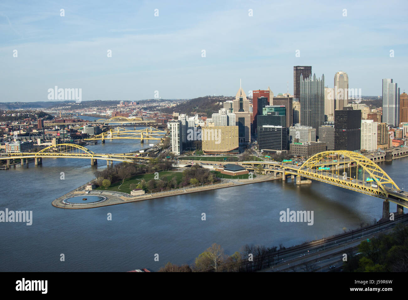 Pittsburgh city skyline from the top of the Duquesne Incline, Mount Washington, with a view of all the bridges and the Point Park Fountain. Stock Photo