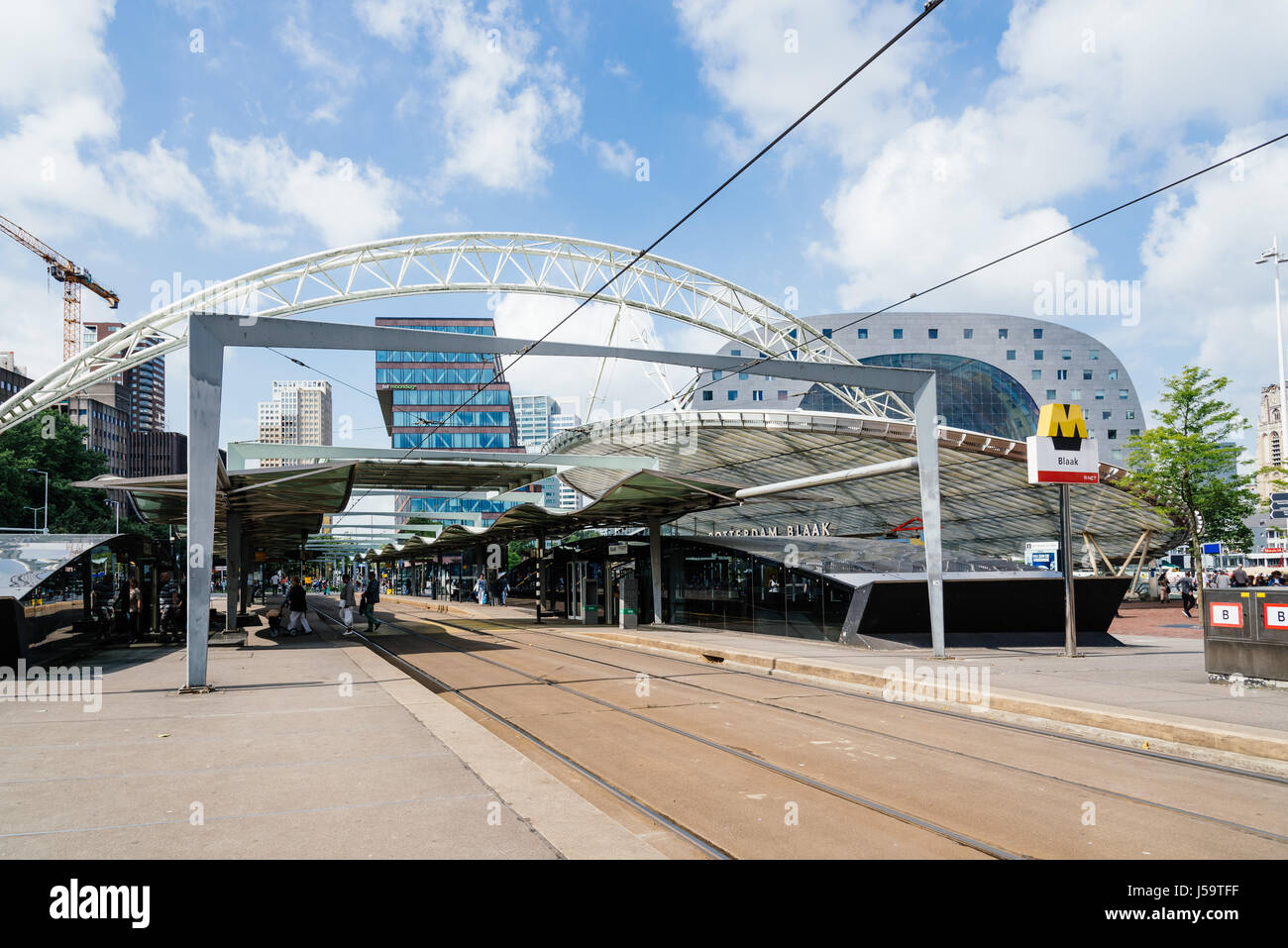 Rottedam, The Netherlands - August 6, 2016: Tramway station and cityscape in Rotterdam city centre Stock Photo