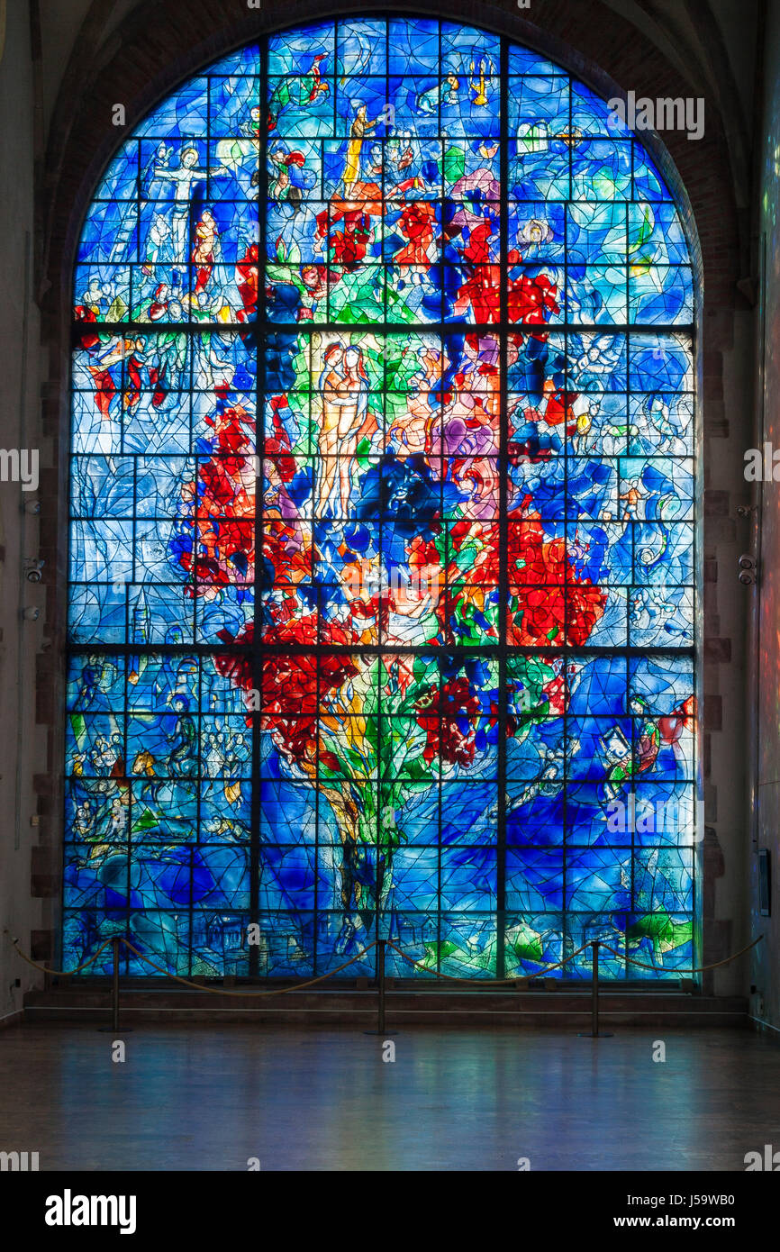 France, Lorraine, Moselle, Sarrebourg, chapel of Cordeliers, stained glass la Paix (Peace) by Marc Chagall Stock Photo