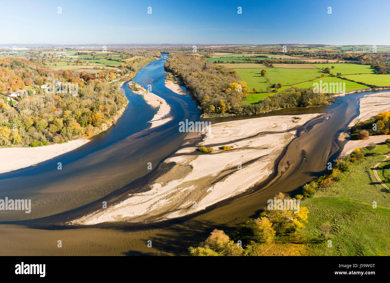 France, Cher, Cuffy, the Bec d'Allier, confluence of the Allier on the right and the Loire left in autumn (aerial view) Stock Photo