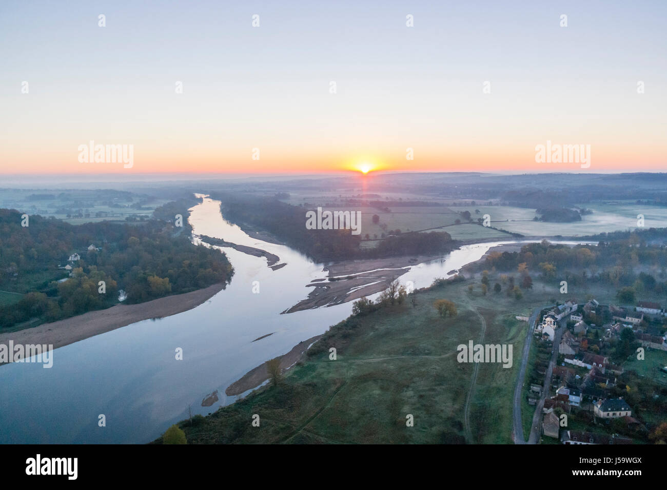 France, Cher, Cuffy, sunrise on the Bec d'Allier, confluence of the Allier on the right and the Loire left (aerial view) Stock Photo