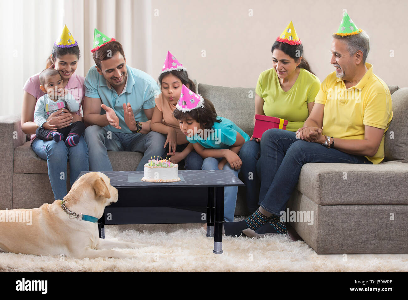 Multi-generation family with dog celebrating birthday party Stock Photo