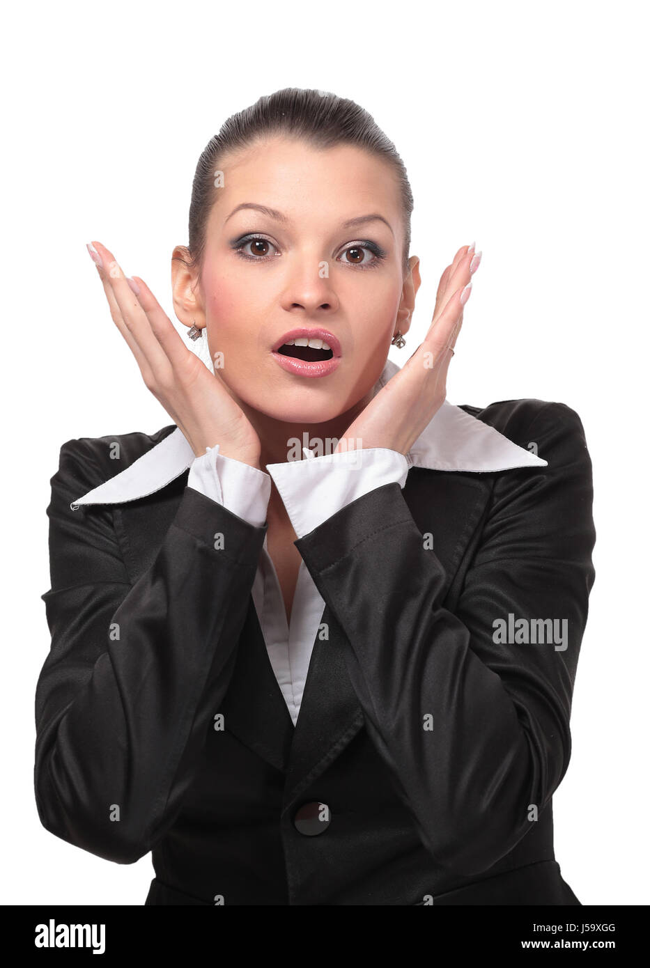 Surprised business woman isolated on white Stock Photo - Alamy