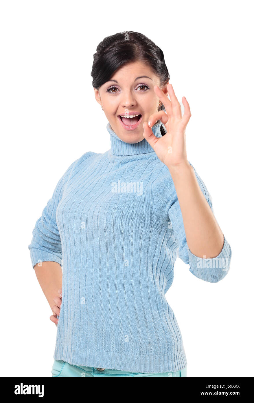 Attractive woman is showing okay sign with happiness. Stock Photo