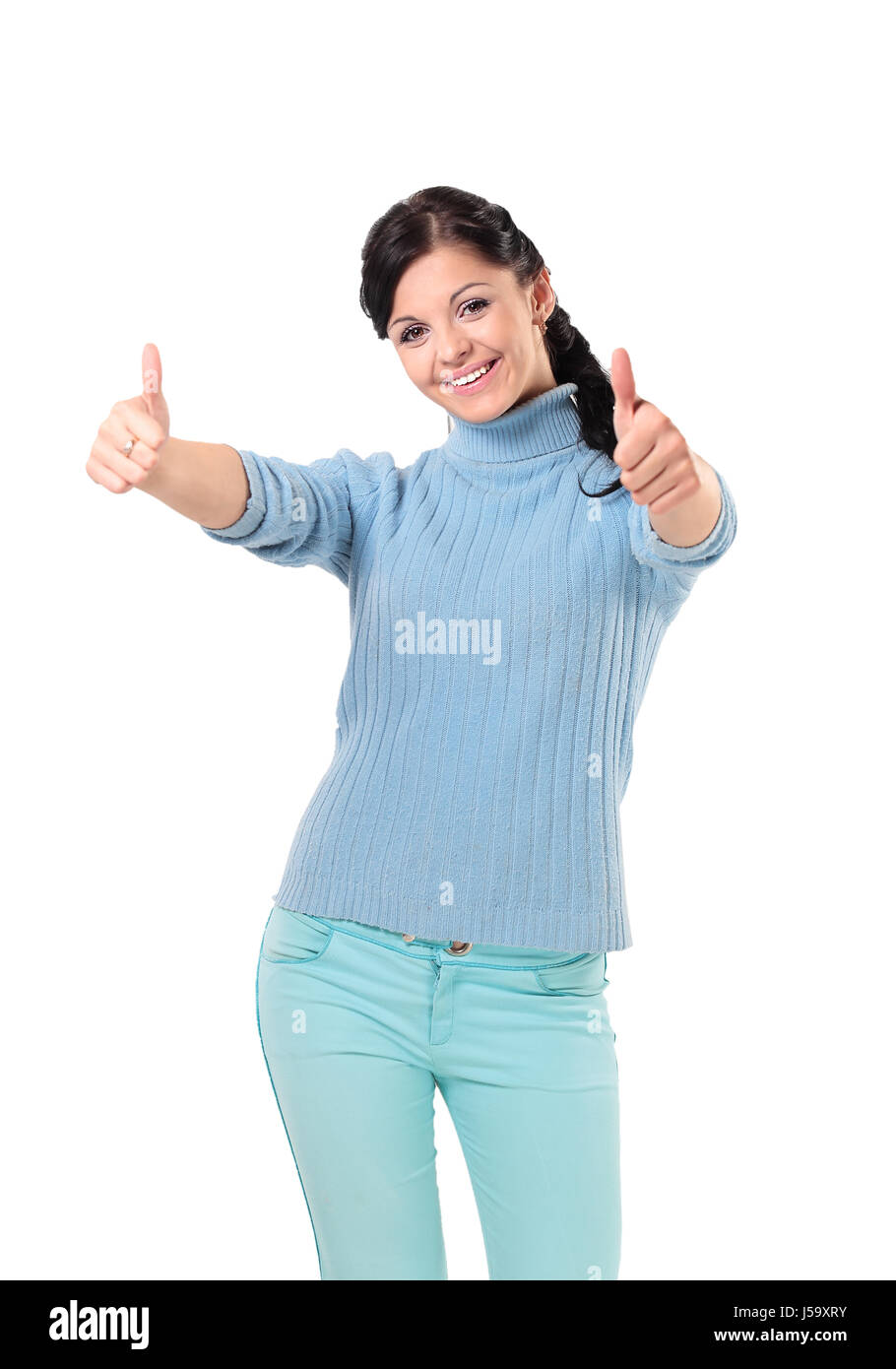 Thumb up. Smiling woman isolated white background Stock Photo