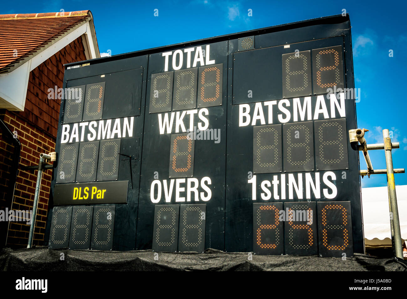 Electronic cricket scoreboard showing run chase in second innings Stock Photo