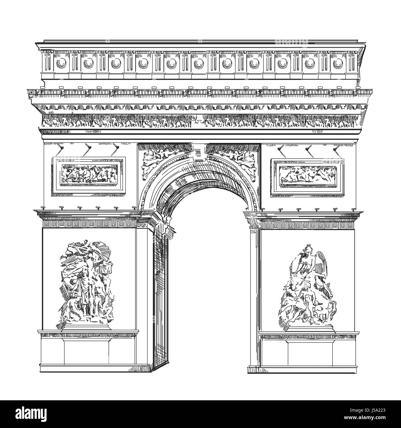 Triumphal Arch (Landmark of Paris, France) vector isolated hand drawing illustration in black color on white background Stock Vector