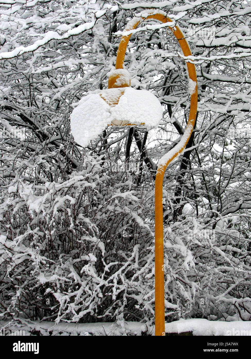 winter snowy branches shiner light lamp luminary yellow straenlampe schneehaube Stock Photo