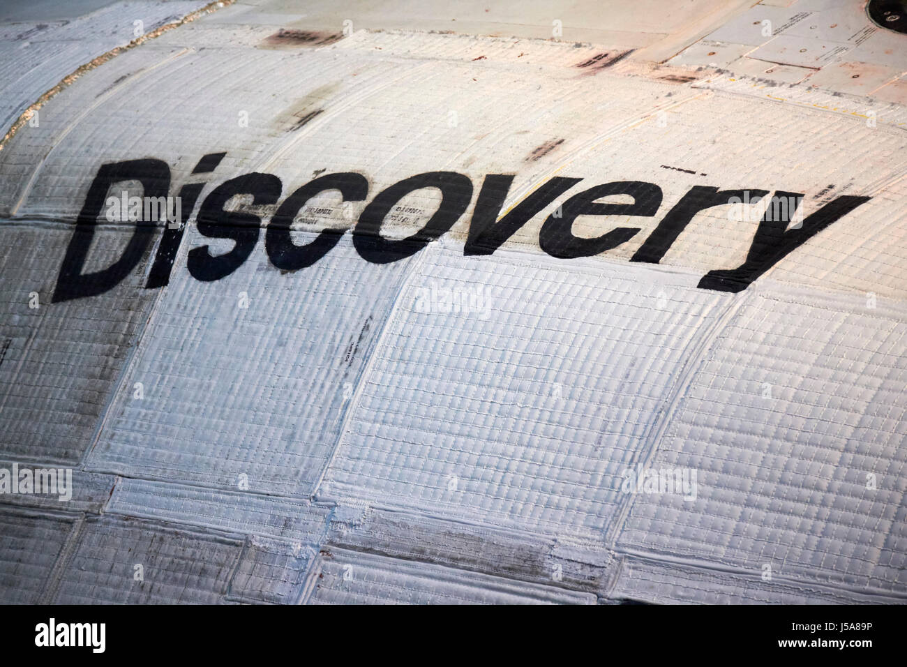 discovery sign on flexible insulation blanket tiles heat shield space shuttle usa Stock Photo