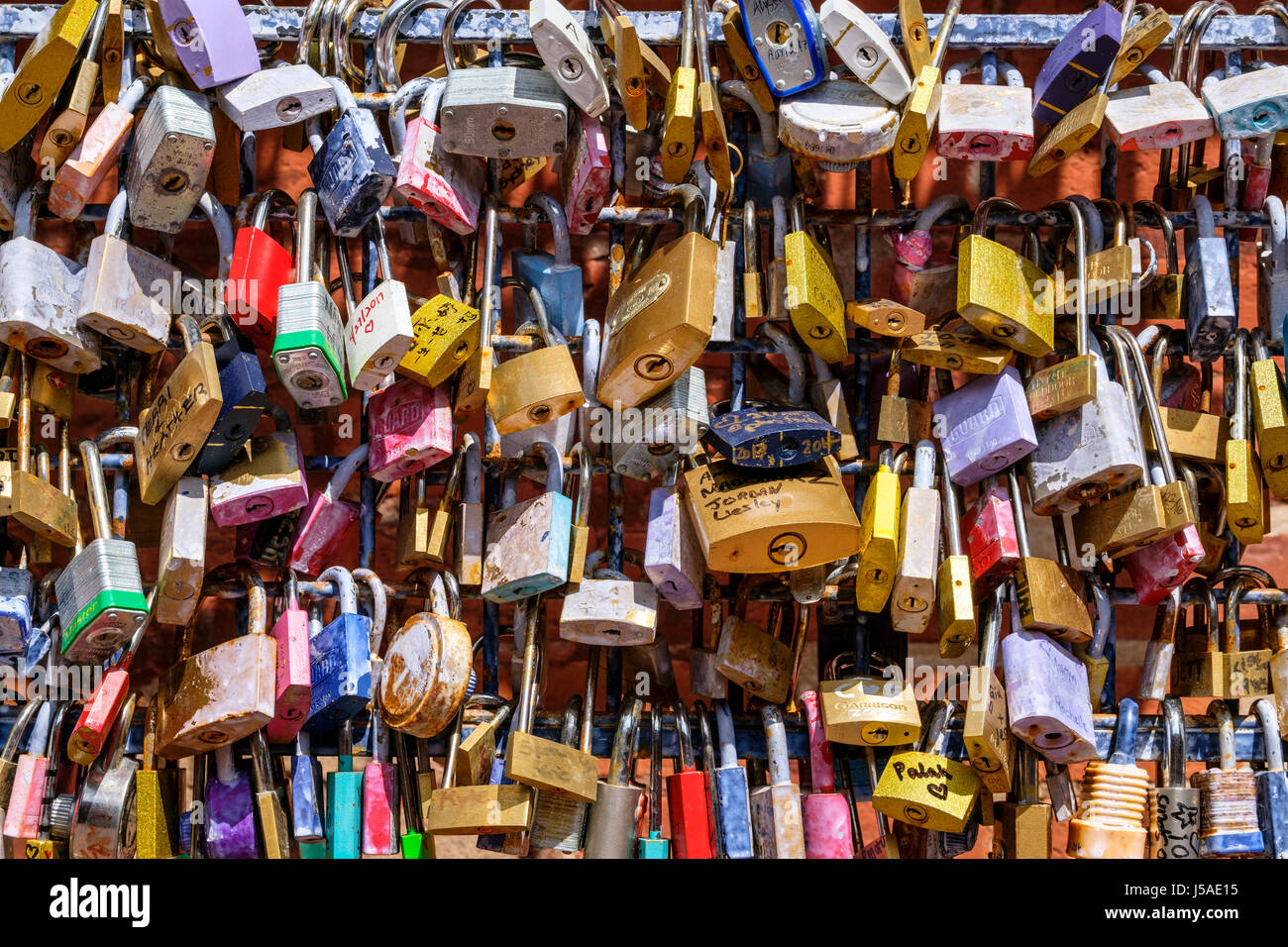 Close-up of love locks in The Distillery Historic District, Toronto, Ontario, Canada. Background, Mathew Rosenblatt love concept, valentines, padlocks Stock Photo