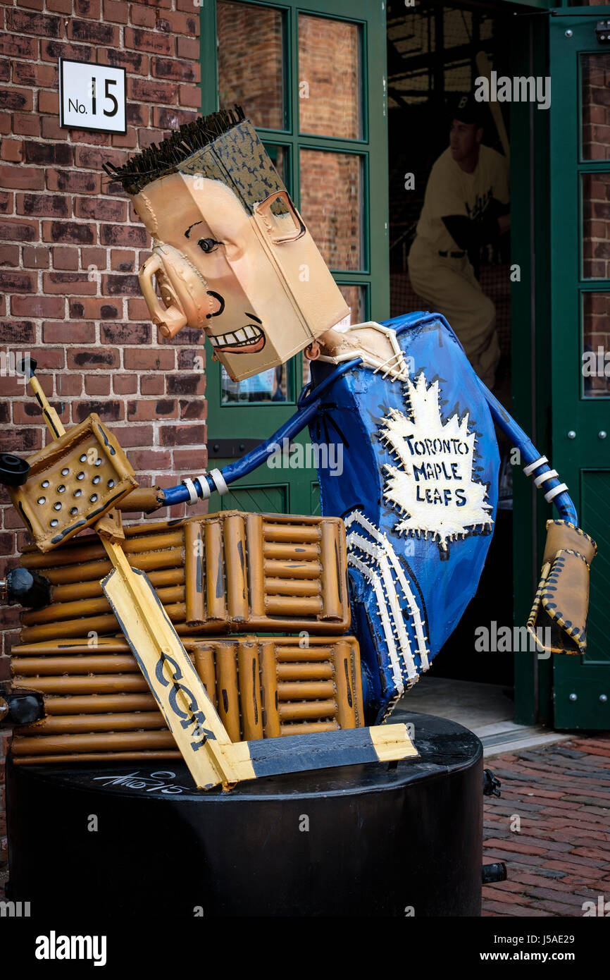 Metal sculpture of a Toronto Maple Leafs goalie, goalkeeper, goaler, goltender, player, The Distillery Historic District, Toronto, Ontario, Canada. Stock Photo