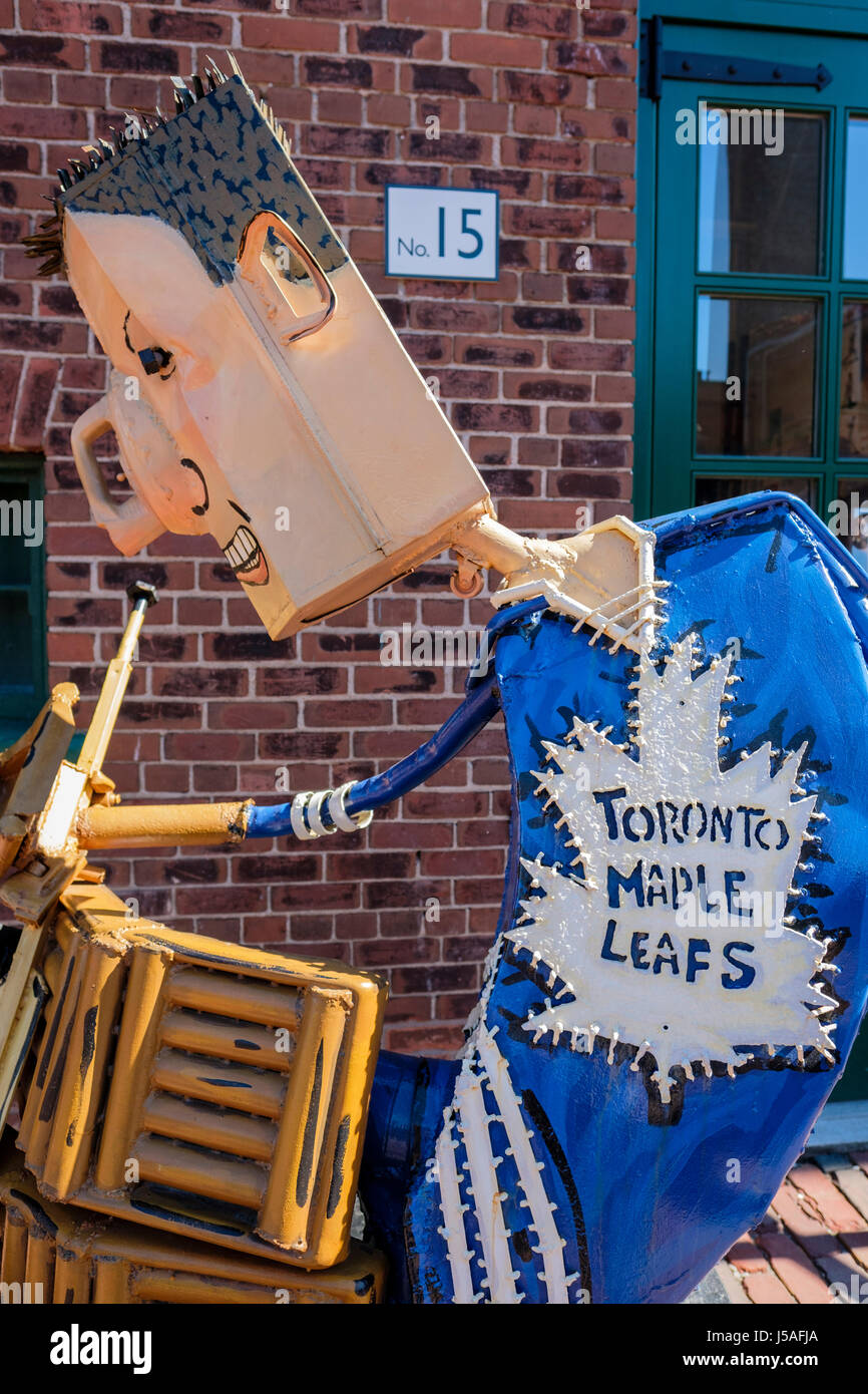 Metal sculpture depicting a Toronto Maple Leafs goalie, goalkeeper, goaler, goltender, player, The Distillery Historic District, Toronto, Ontario, Can Stock Photo