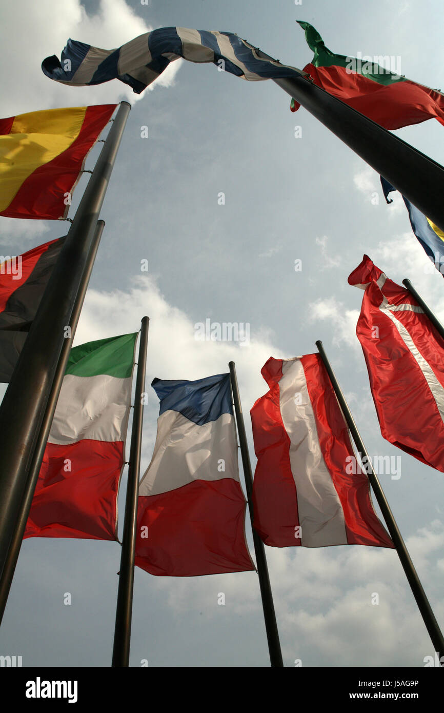 masts flags worldwide flagstaff flagstaffs international fatten flaggen-parade Stock Photo