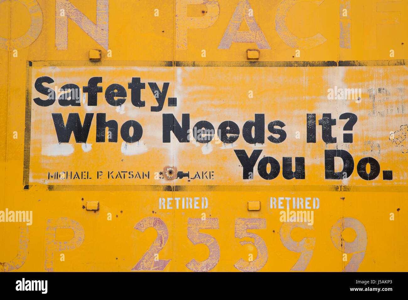 Train safety sign, Western America Railroad Museum, Barstow, California Stock Photo Alamy