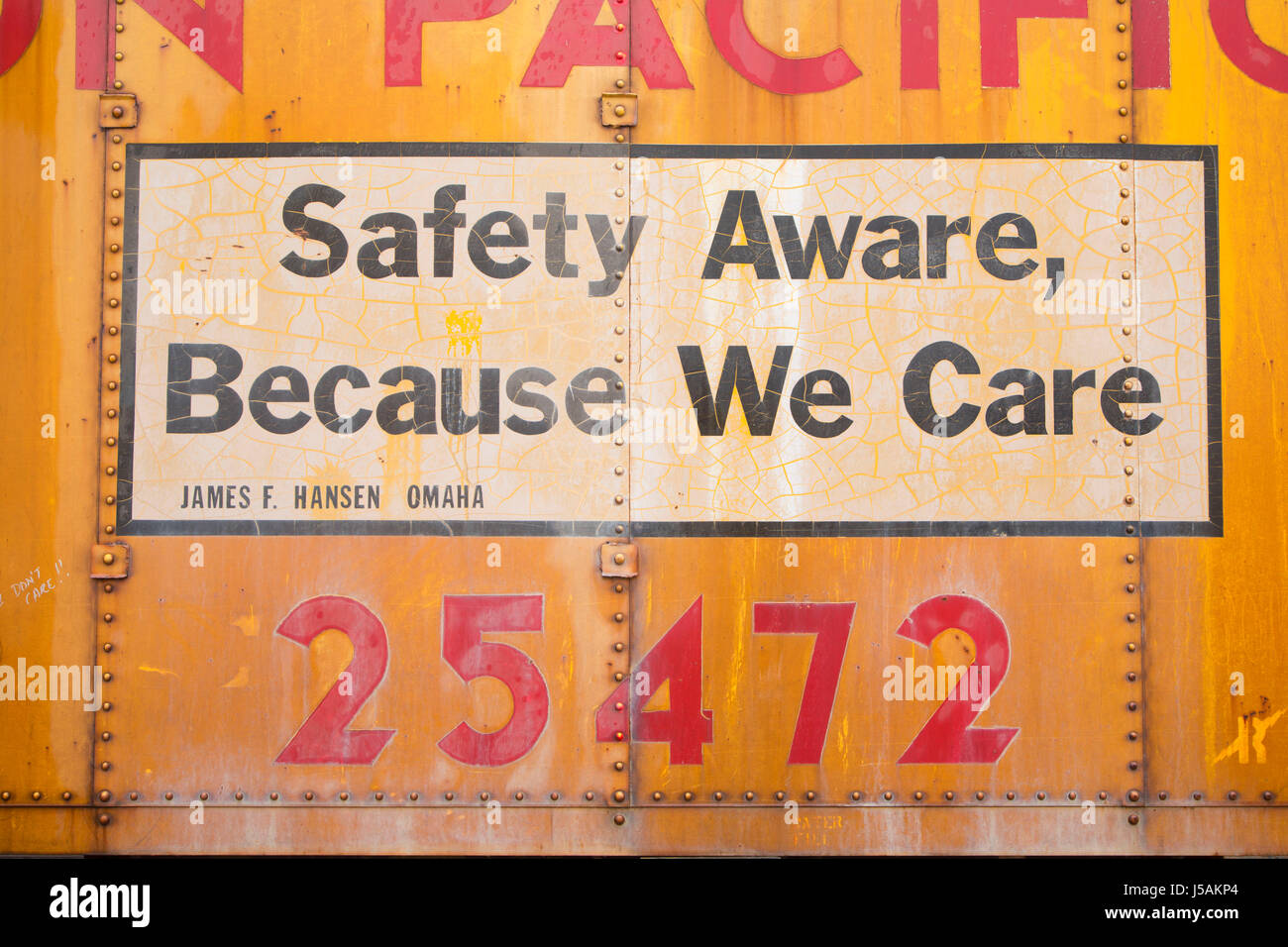 Train safety sign, Western America Railroad Museum, Barstow, California Stock Photo Alamy