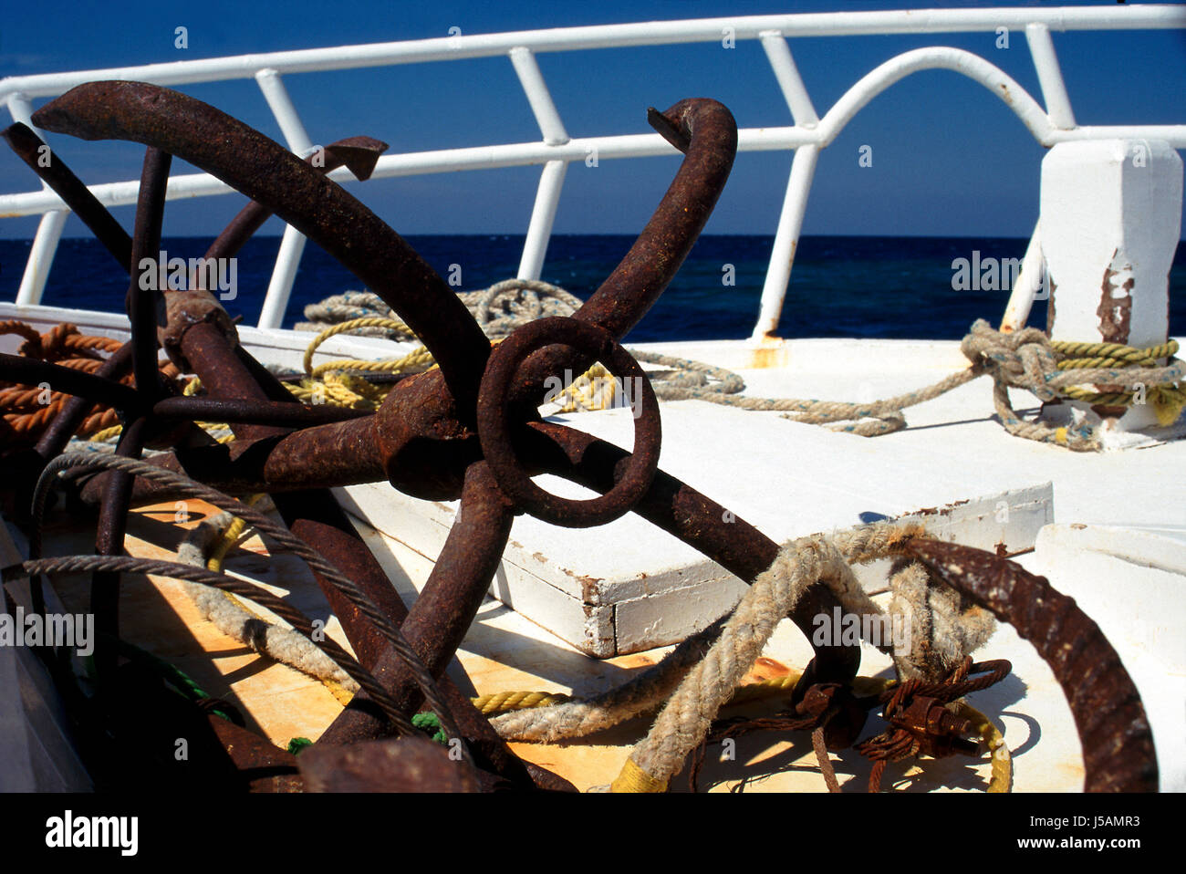 blue blank european caucasian azure railing ropes anchor deck ...