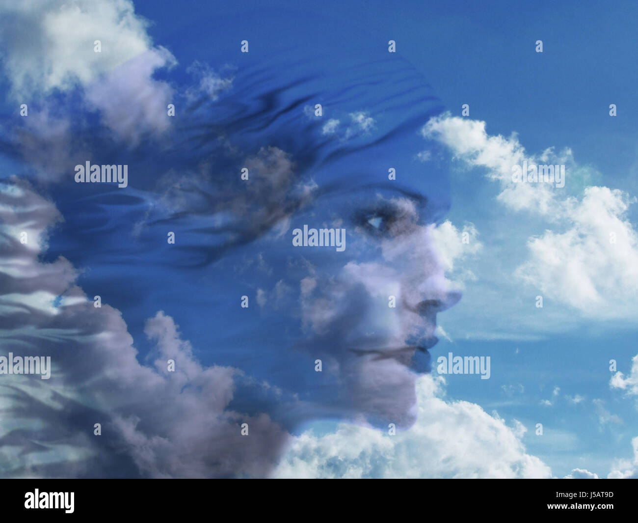 flight face cloud dream hairs fantasy dreams cloudy imagination blow windy Stock Photo