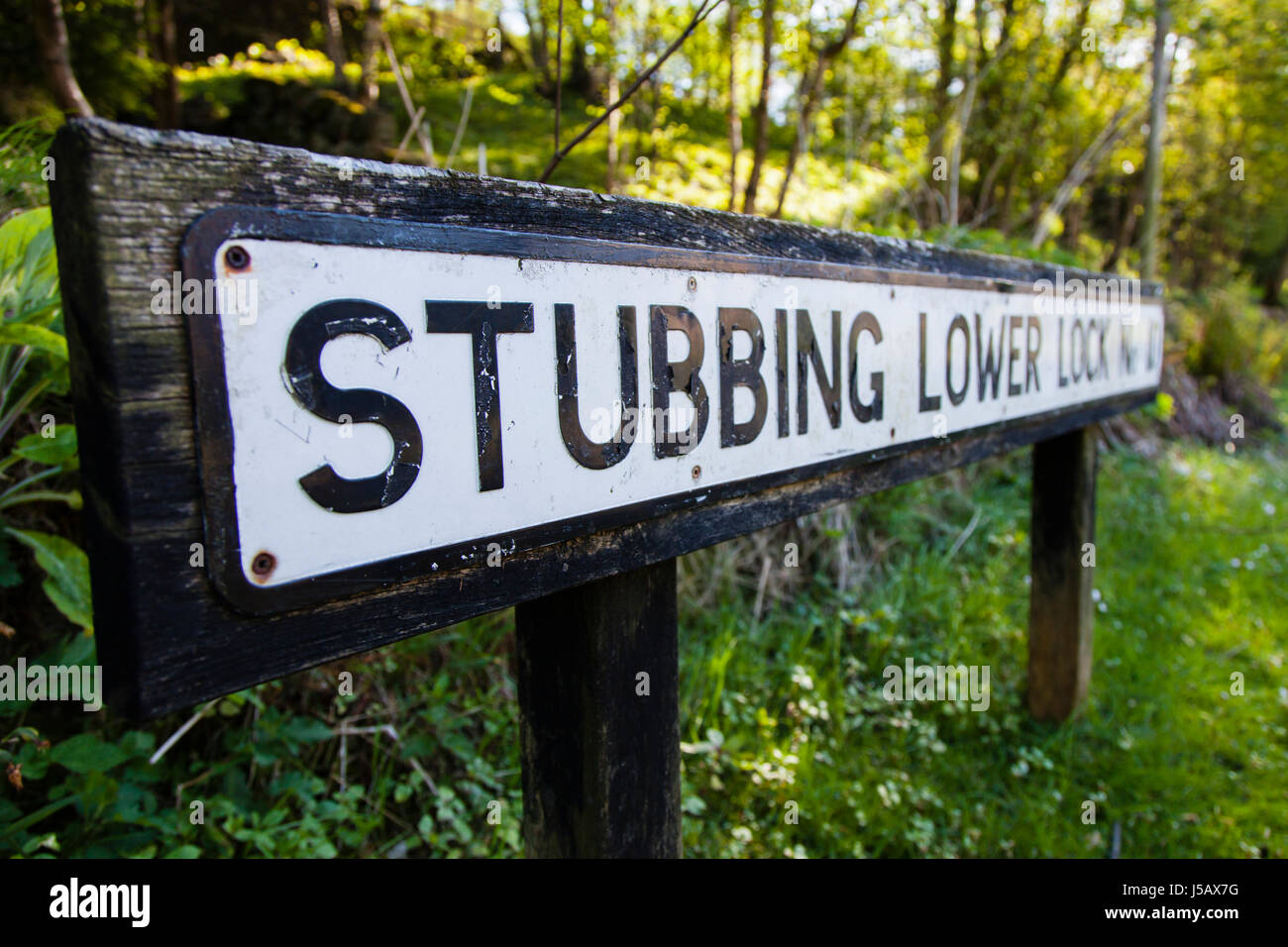 Sign on the Rochdale Canal for Stubbing Lower Lock in Hebden Bridge , West Yorkshire, England, UK Stock Photo