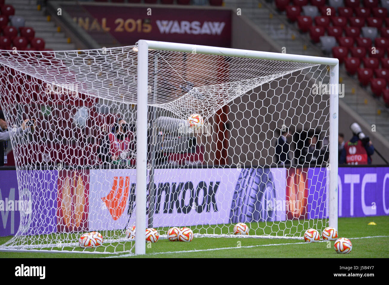 WARSAW, POLAND - MAY 27, 2015: Official UEFA Europa League match balls in the net during Training session before UEFA Europa League Final game Dnipro  Stock Photo