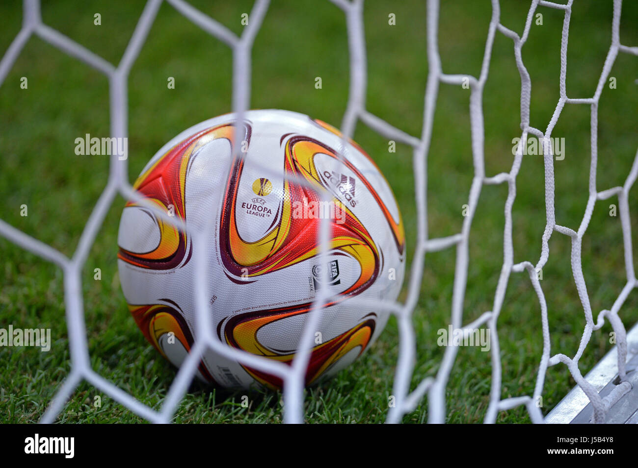 WARSAW, POLAND - MAY 27, 2015: Official UEFA Europa League match ball in the net during Training session before UEFA Europa League Final game Dnipro v Stock Photo