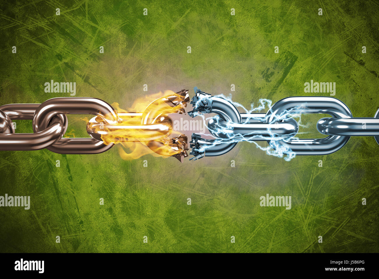 3d image of broken silver metal chain against green background Stock