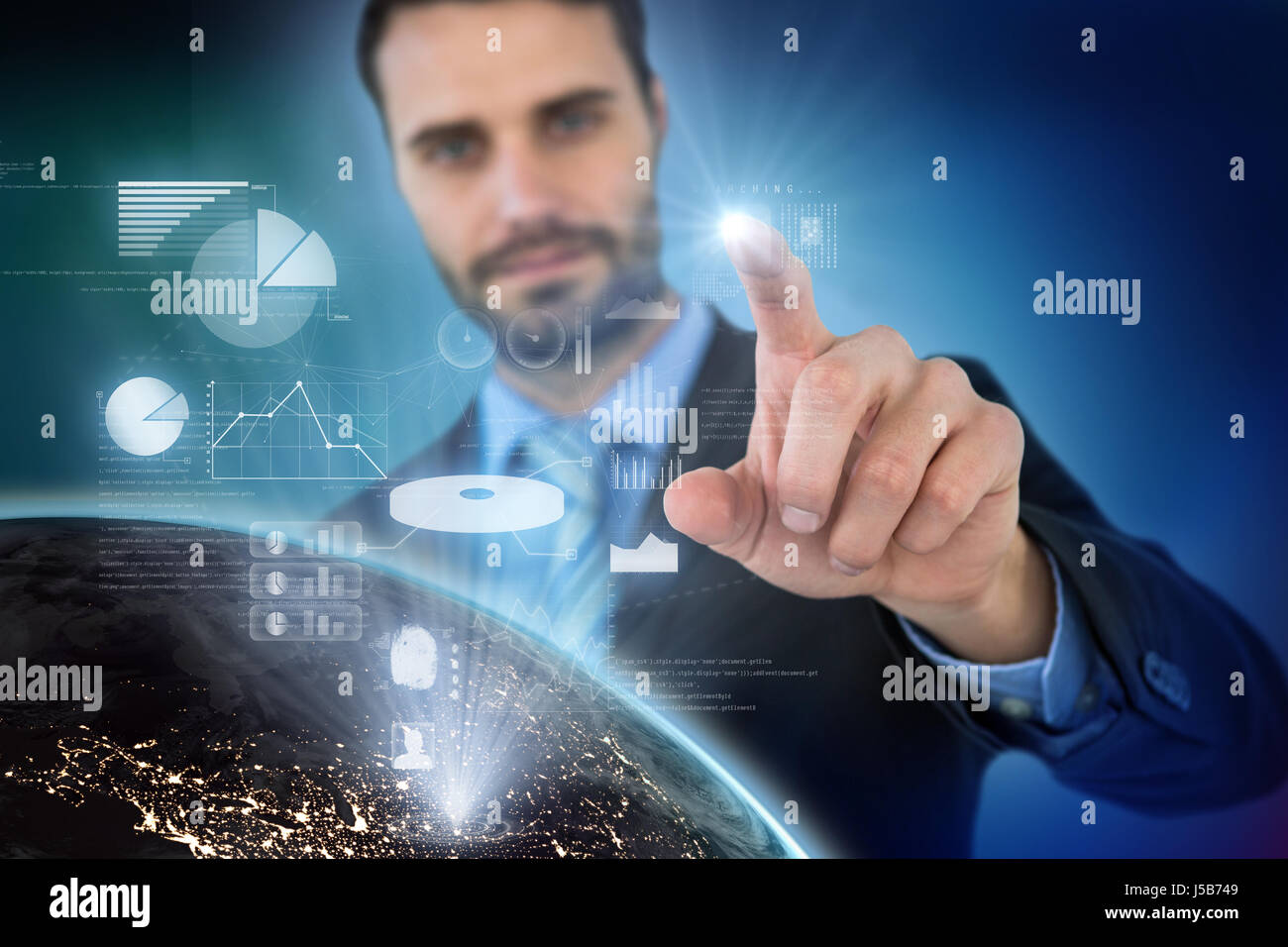 Businessman using imaginative digital screen against blue background with vignette Stock Photo
