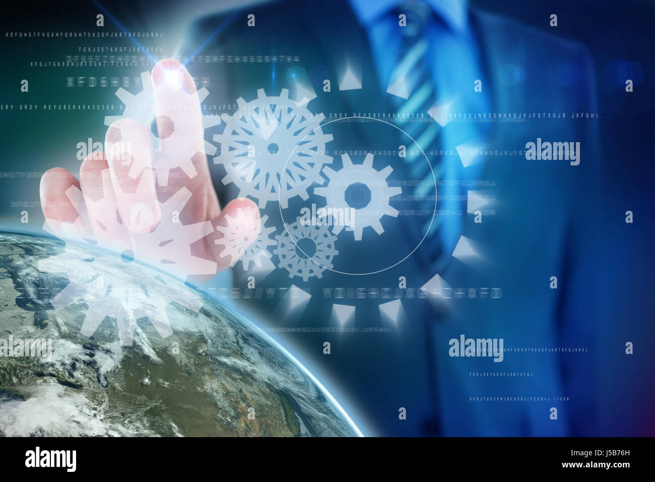 Midsection of businessman using futuristic digital screen against blue background with vignette Stock Photo
