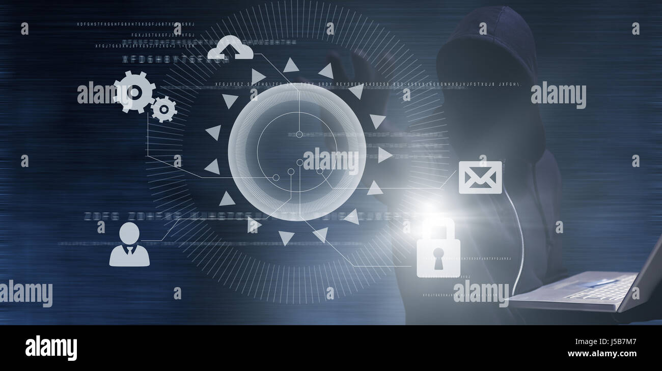 Hacker holding laptop while gesturing against black background Stock ...