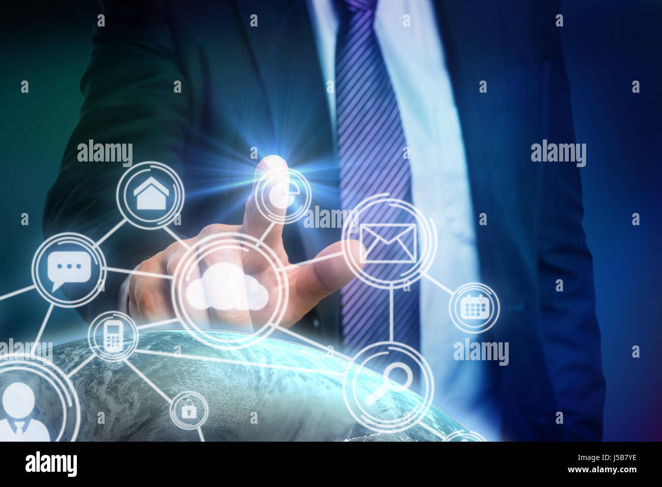 Businessman pointing against white background against blue background with vignette Stock Photo