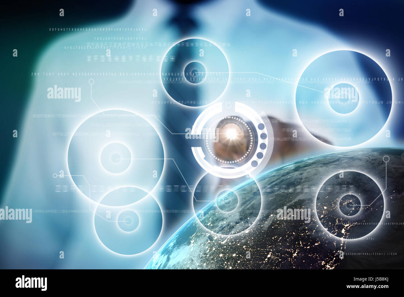 Businessman using digital screen against blue background with vignette Stock Photo
