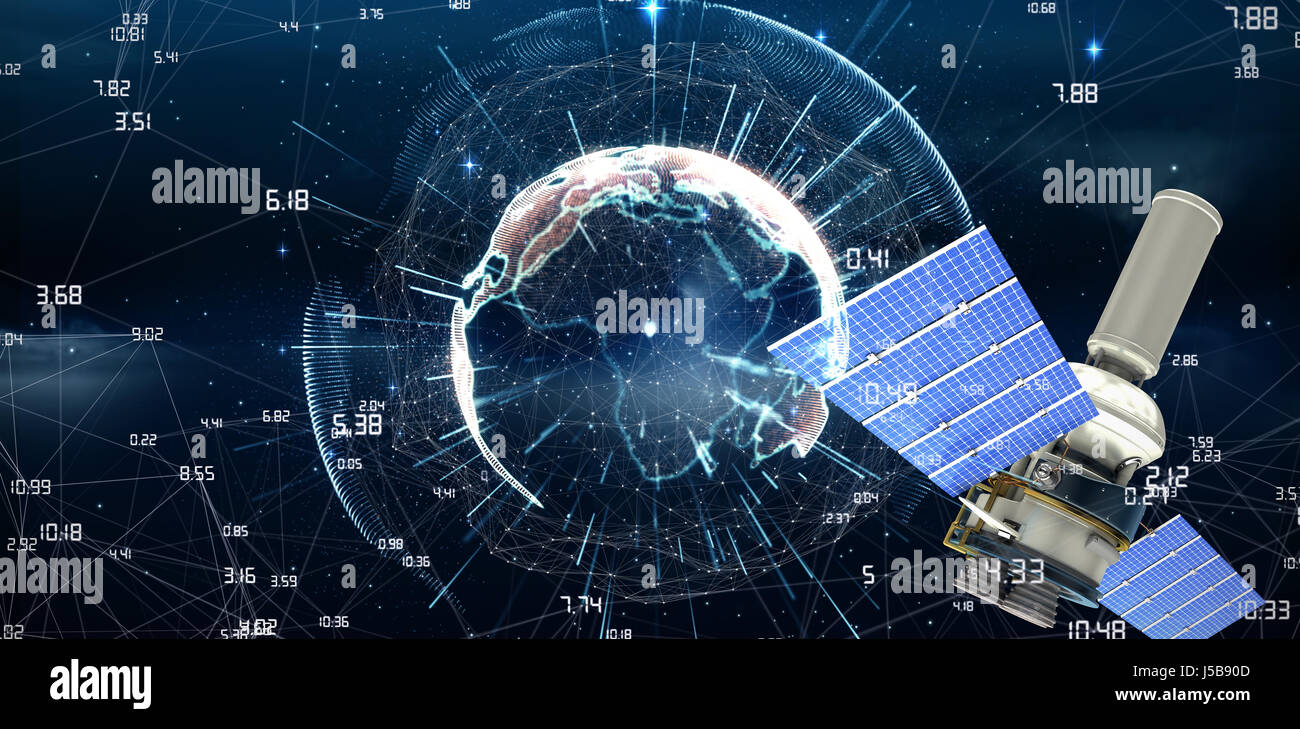 3d image of modern solar power satellite against white background against image of earth with different times Stock Photo