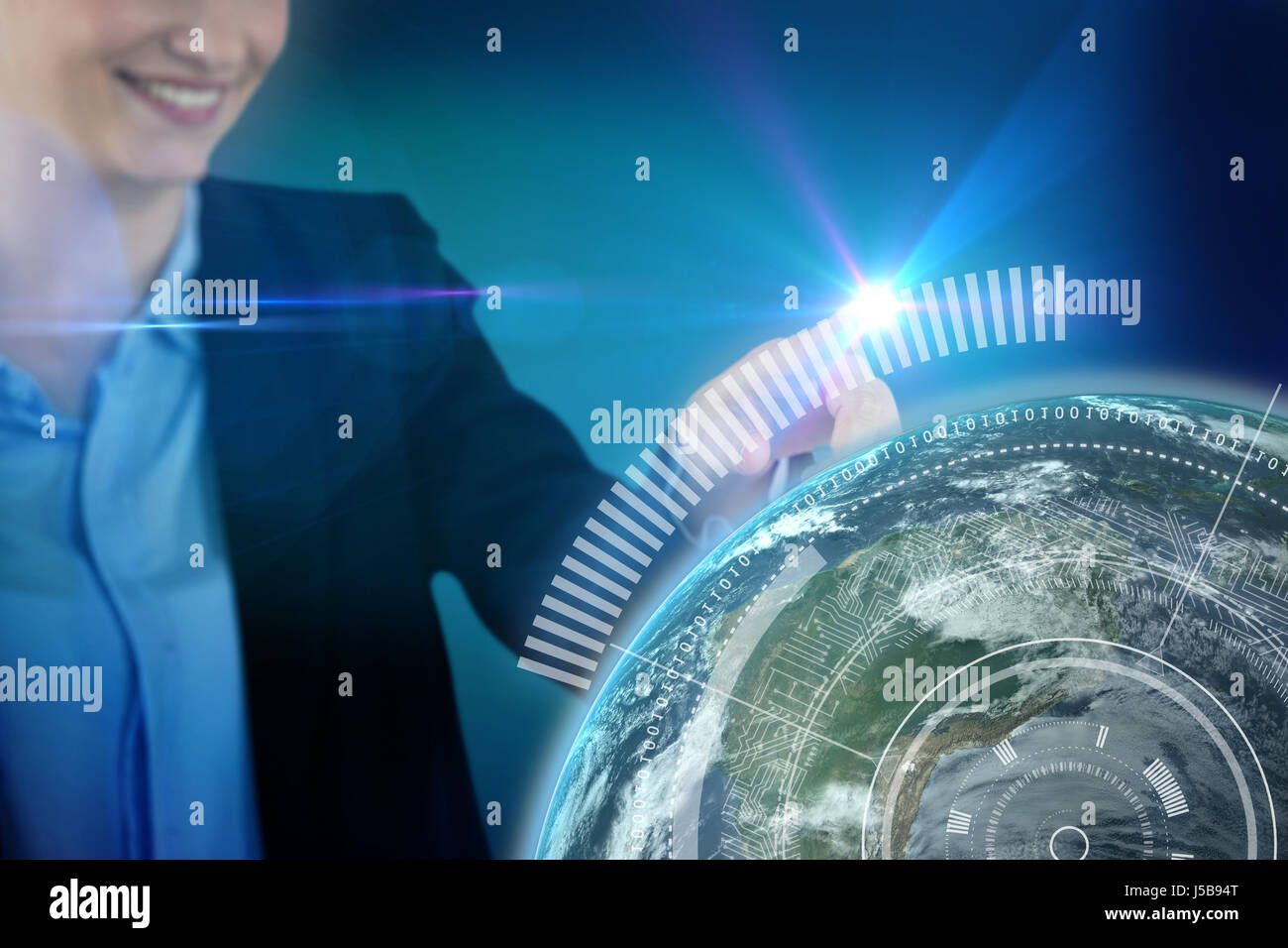 Businesswoman using invisible digital screen against blue background with vignette Stock Photo
