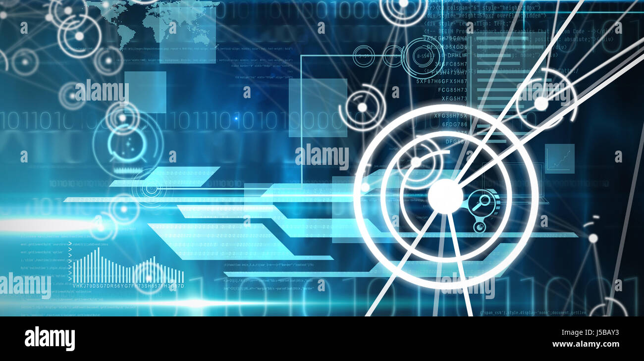 Futuristic black background with circles against blue and black technology interface Stock Photo