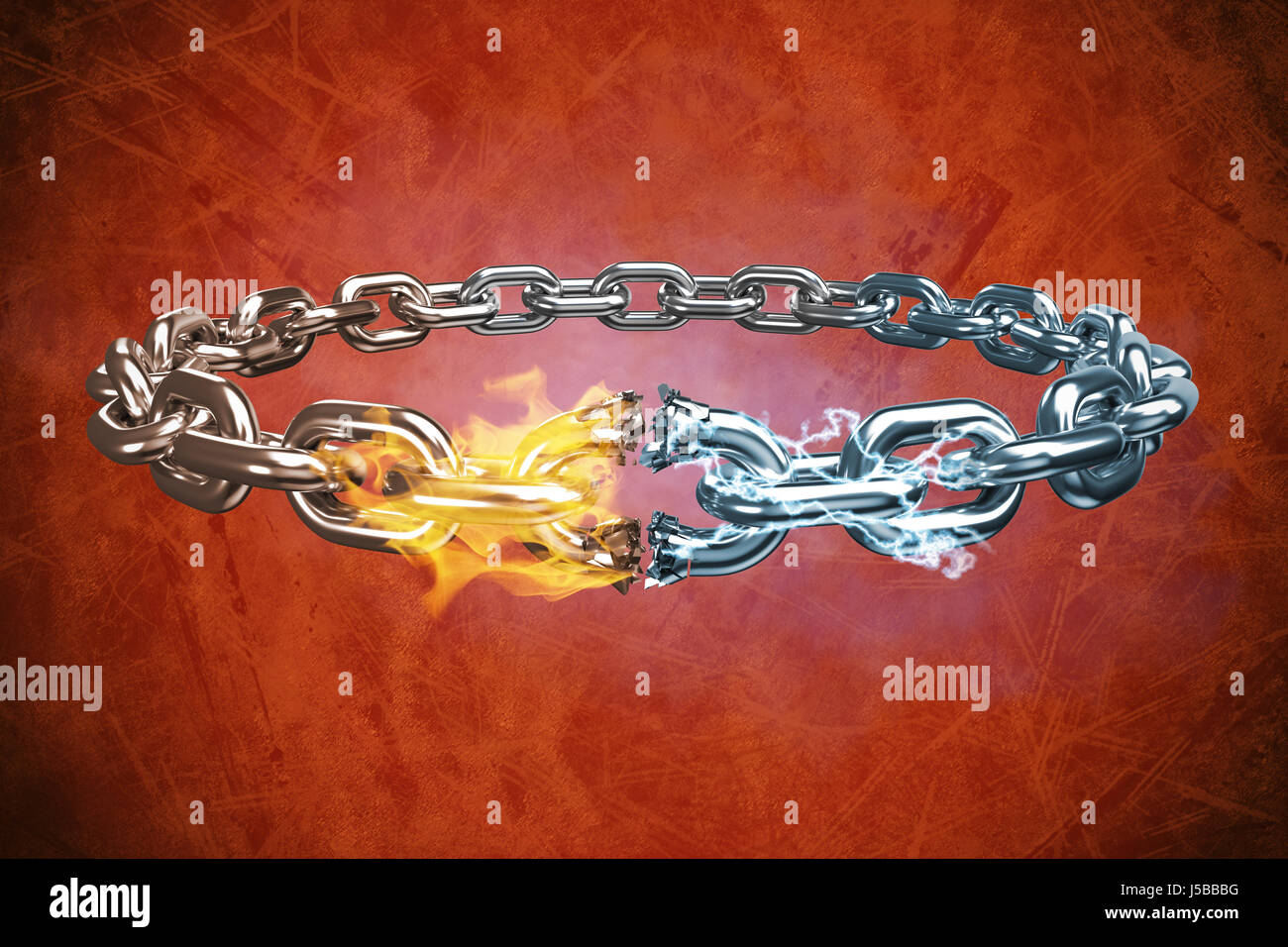 3d image of broken silver chain against orange background Stock Photo