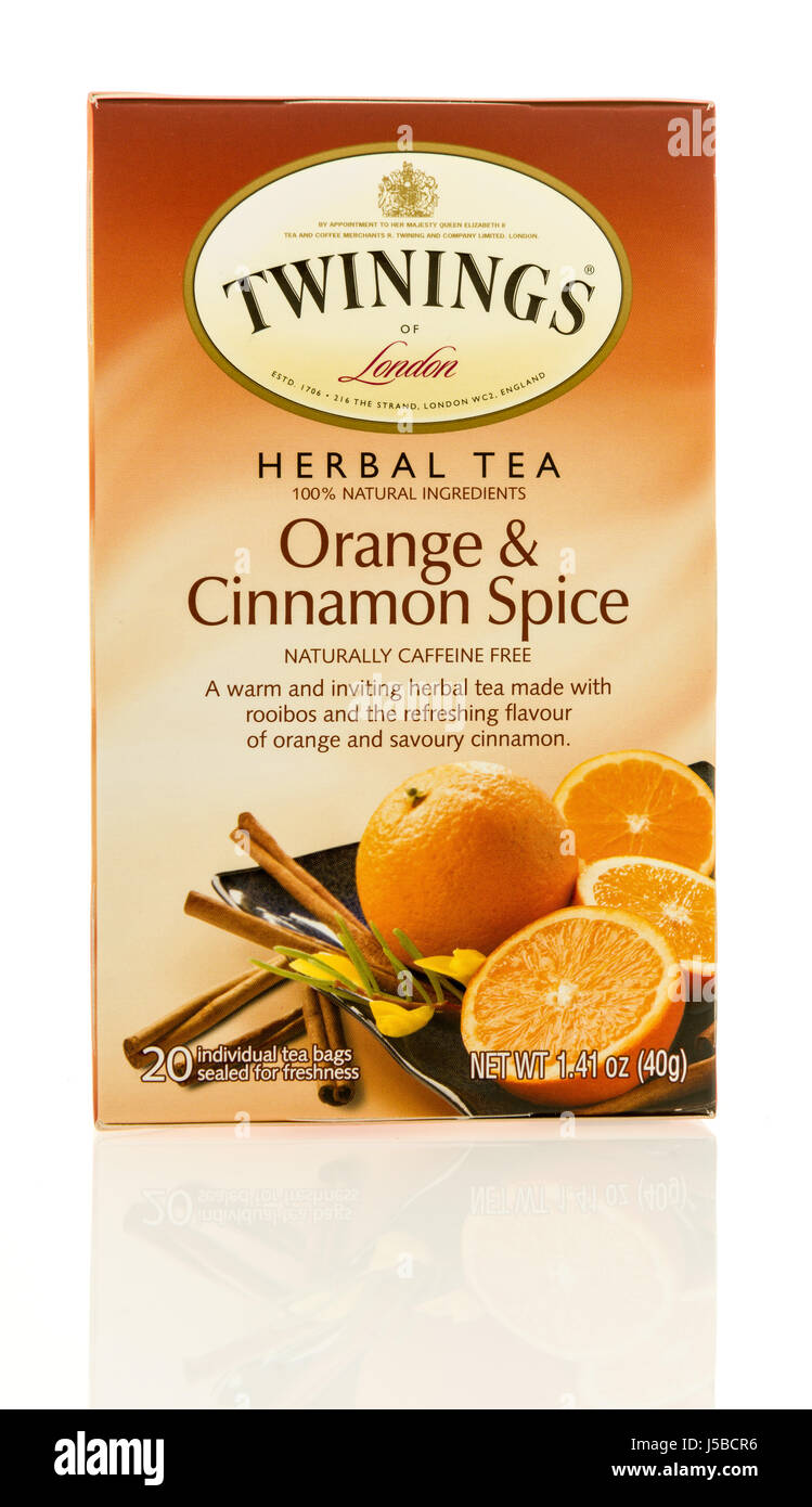 Winneconne, WI - 7 May 2017: A box of Orange & Cinnamon spice tea by Twinings on an isolated background. Stock Photo