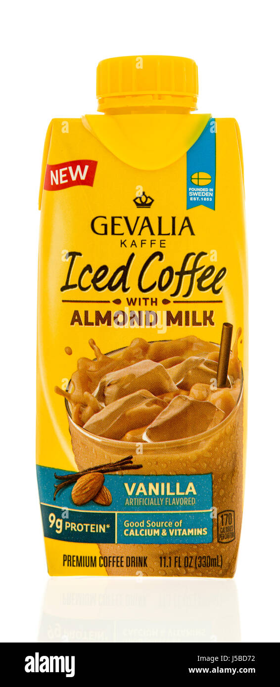 Winneconne, WI - 7 May 2017: A bottle of Gevalia kaffe iced coffe with almond milk in vanilla flavor on an isolated background. Stock Photo