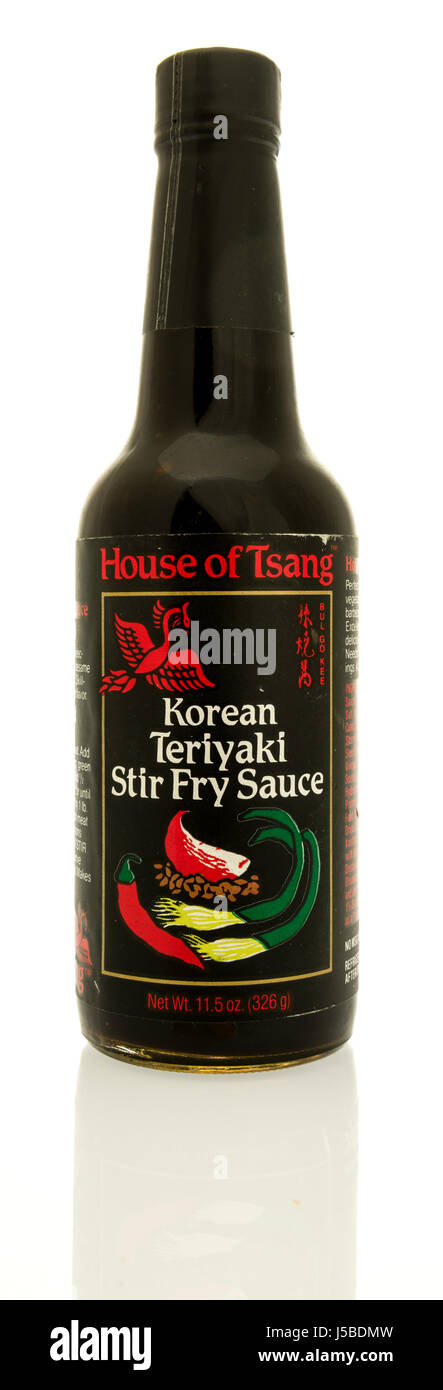 Winneconne, WI - 15 May 2017: A bottle of House of Tsang Korean Teriyaki stir fry sauce on an isolated background. Stock Photo