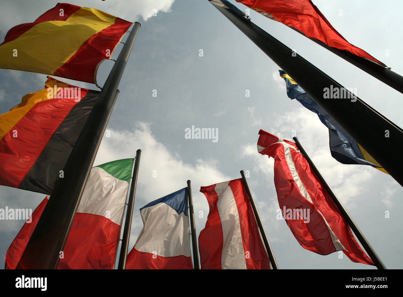 masts flags worldwide flagstaff flagstaffs international fatten flaggen-parade Stock Photo