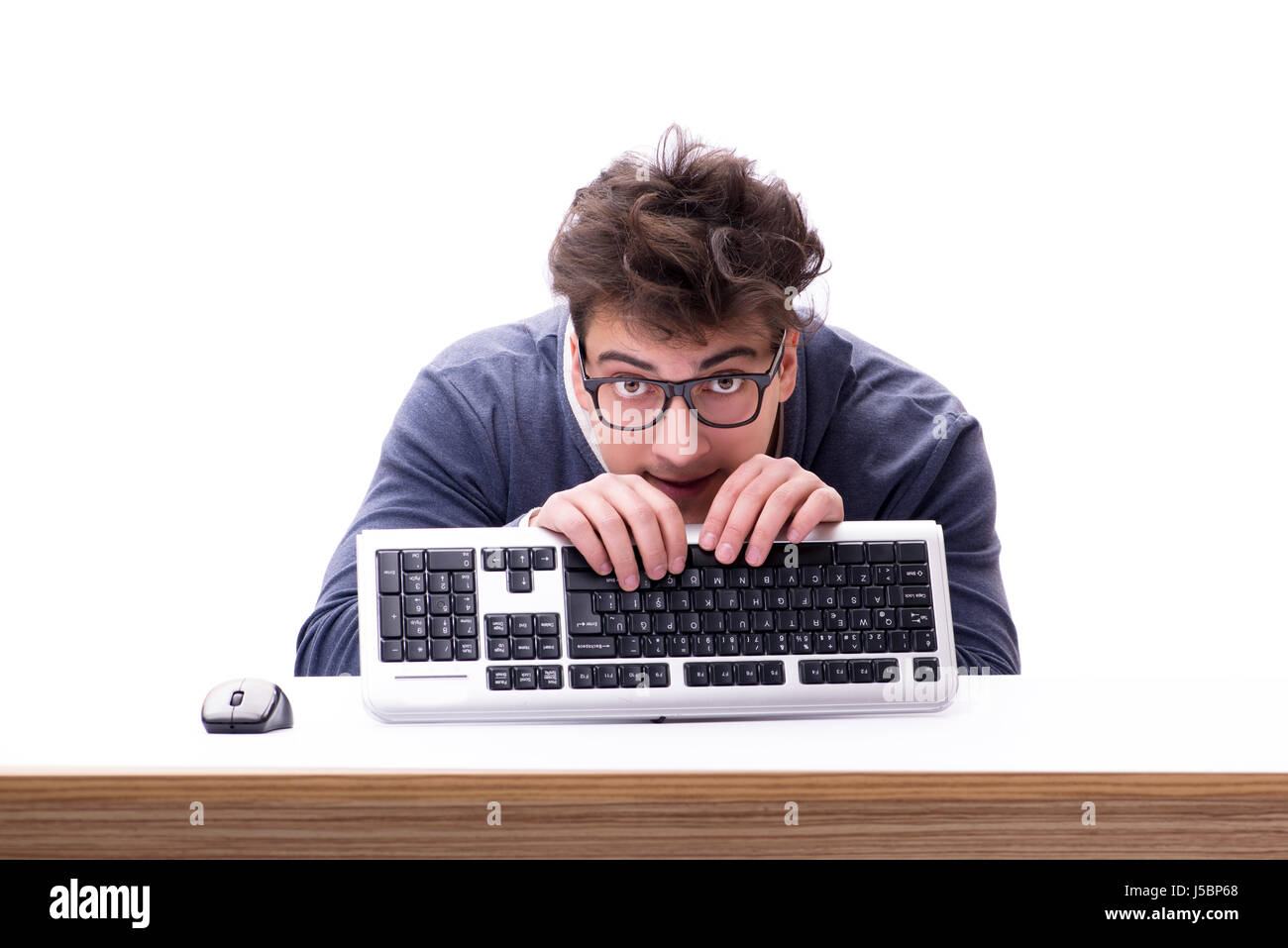 Funny nerd man working on computer isolated on white Stock Photo - Alamy