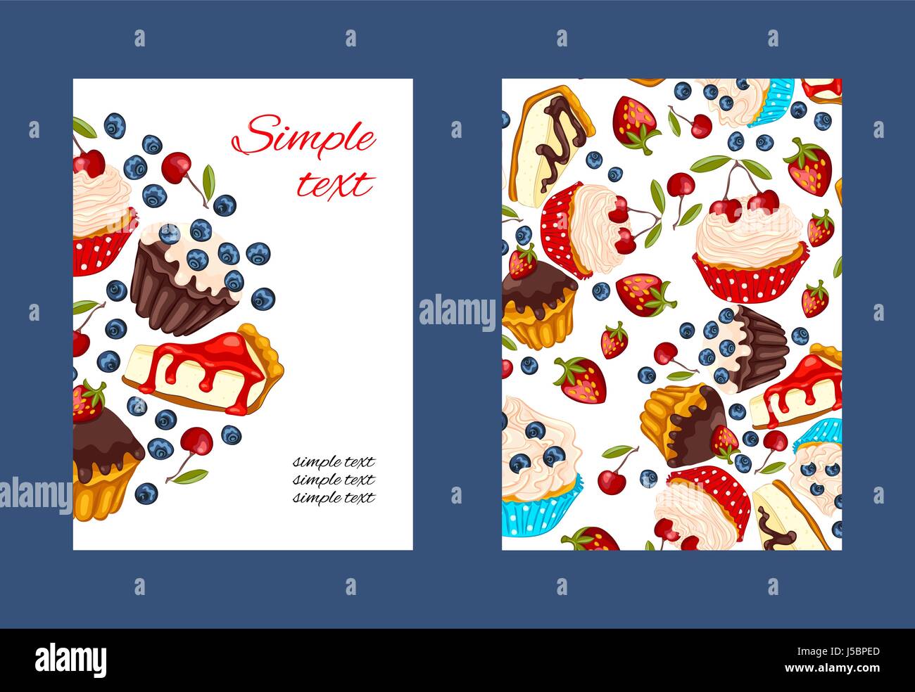Cupcake vector promo card set with colorful illustrations. Restaurant or cafe menu design. Flyer template with berries, muffins and cheesecake. Stock Vector