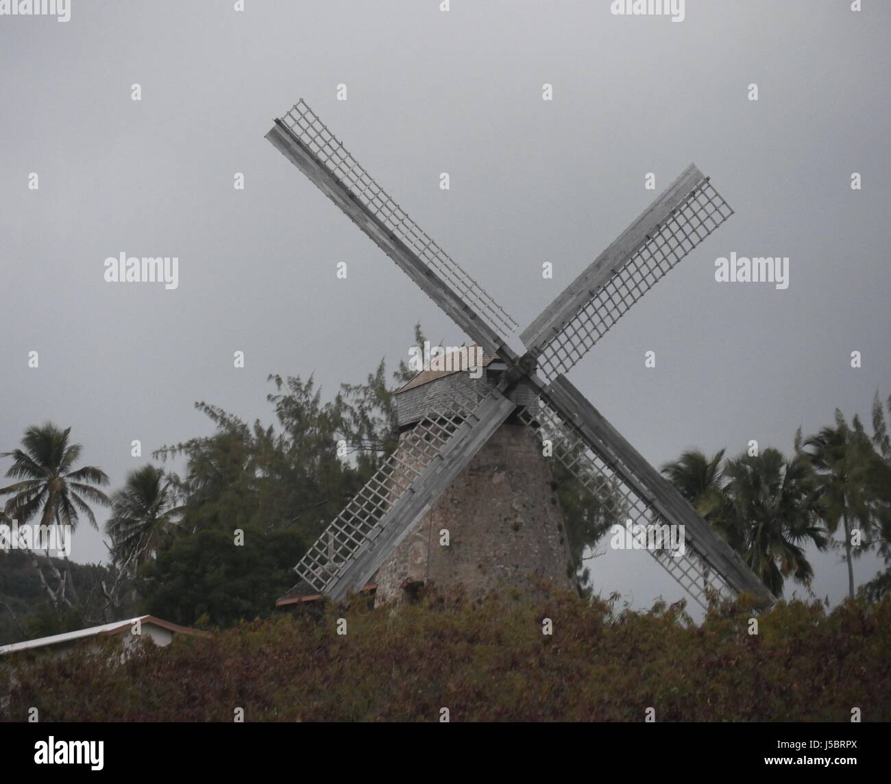 old Windmill, Morgan, Barbados This sugar mill was the largest and only complete sugar windmill in the Caribbean that stopped operations in 1947. Stock Photo